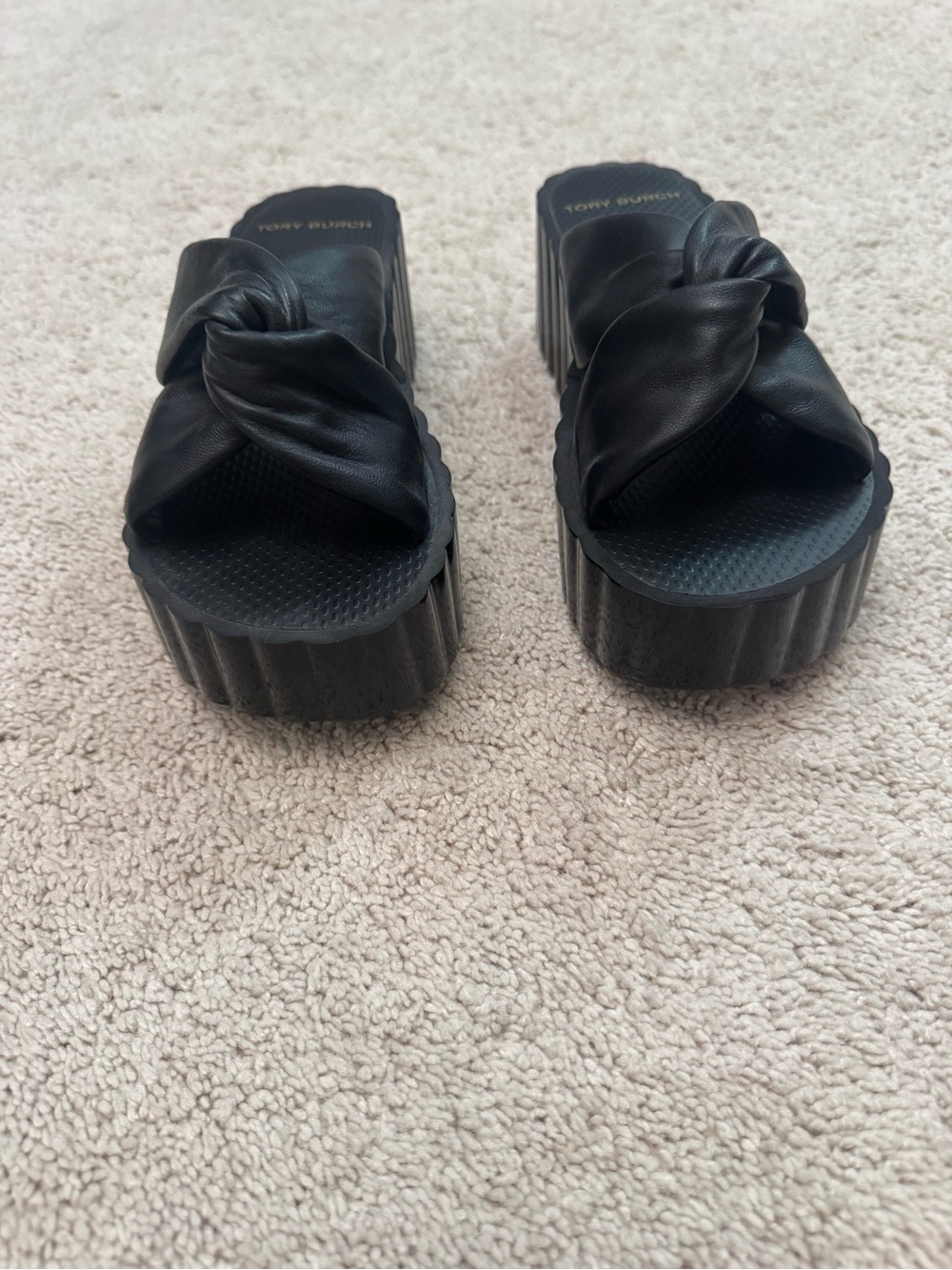 Tory Burch Black Knotted Leather Slide platform Sandals - Picture 3 of 4